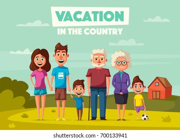 Family's vacation in the countryside. Cartoon vector illustration