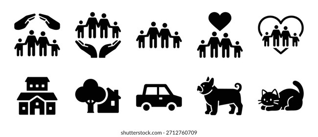 Family-themed solid icon set showing households, parents, children, pets, and care. Perfect for apps, websites, parenting, lifestyle, and family design projects.