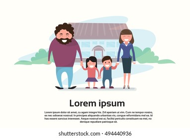 Famity Parents Two Kids In Front of New House Flat Vector Illustration