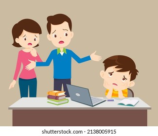 famly and child boy  bored of studying in front of the laptop. Concept of tired kid from home e-learning or online education