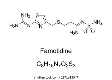 Famotidine, Chemical Formula And Structure.Histamine H2 Receptor Antagonist Medication That Decreases Stomach Acid Production, Used To Treat Peptic Ulcer Disease, And Gastroesophageal Reflux Disease.