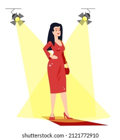 Famous actress under spotlights semi flat RGB color vector illustration. Mass media occupation. Woman in luxury red dress isolated cartoon character on white background