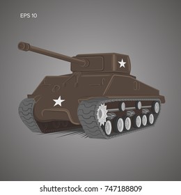 Famous American Tank Vector Illustration. Vintage Var Machine. WWII Allies Tank.