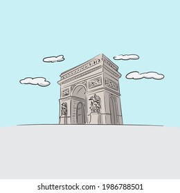 Famous Arc de Triomphe Paris hand drawn with black lines illustration vector