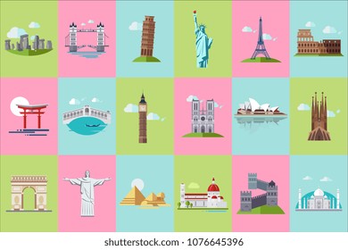 Famous architectural landmarks icons set, popular travel historical landmarks and buildings of different countries vector Illustrations