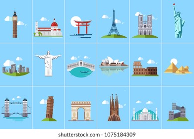 Famous architectural landmarks set, popular travel historical landmarks and buildings of different countries vector Illustrations