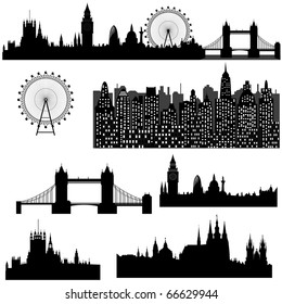 Famous architectural monuments and landmarks - London, Prague and modern city - vector