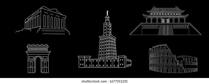 Famous Architecture Outline Buildings Set. Vector icon for web and advertising isolated on black background. Element of culture and traditions.
