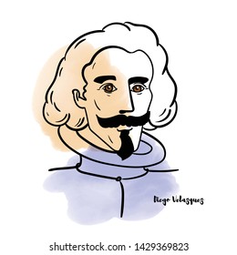 Famous artist Diego Velazquezi vector hand drawn watercolor portrait with ink contours. Spanish painter,  one of the most important painters of the Spanish Golden Age.