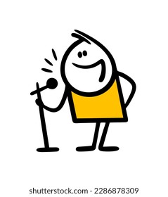 The famous artist performs on the stage of the theater with a microphone and tells jokes, sings. Vector illustration of a creative stickman at work.