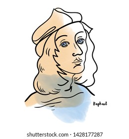 Famous artist Raphael vector hand drawn watercolor portrait with ink contours. Italian painter and architect of the High Renaissance.