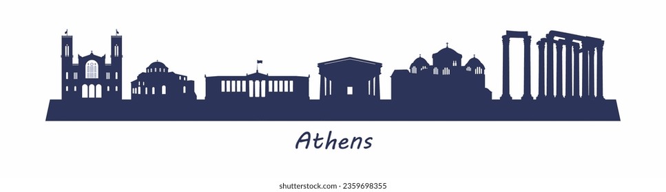 Famosos monumentos de Atenas y edificios históricos como el Templo de Hephaestus, el Templo de Zeus Olímpico, el monasterio de Daphni. Vista panorámica de Atenas, silueta de ciudad. Ilustración vectorial.