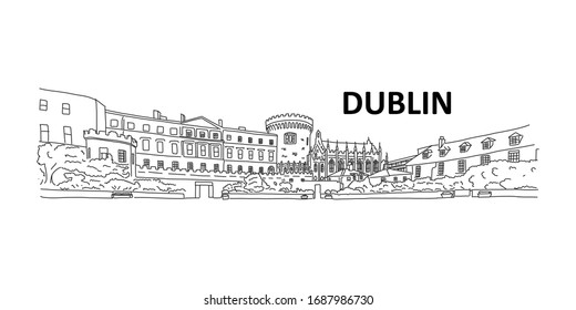 Famous attraction Dublin, ancient castle, sketch. Tourism in country fairy tales and legends. Interesting historical sights. St. Patrick's Day and spirit freedom. Visiting pubs, tasting whiskey.