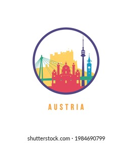 Famous Austria landmarks silhouette. Colorful Austria skyline round icon. Vector template for postmark, stamp, badge or logo.