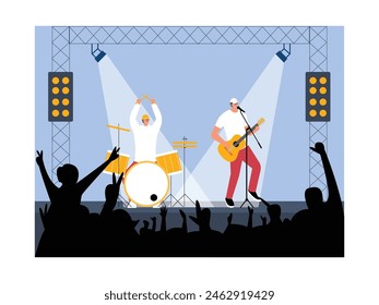 Famous band concert with enthusiastic audience, vector illustration.