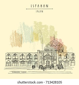 Famous beautiful mosque in Isfahan, Iran. Sheikh Lotfollah Mosque in Naghsh-i Jahan Square. Built during the Safavid Empire in 17th century. Tourist attraction. Travel hand drawn postcard in vector