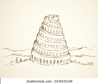 Famous biblic story of aged sumer babil tall palace. Big nimrud fortress exterior scene. Middle east assyrian empire country view. Hand drawn ink picture icon sketch in art retro engrave cartoon style