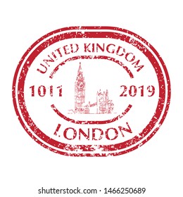 Famous Big Ben in London on Grunge Postal Stamp. Vector illustration