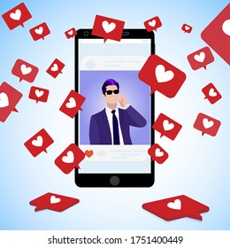 Famous blogger post, collect social icons red hearts, communication online using social media, handsome man page popular catch popularity. Vector illustration