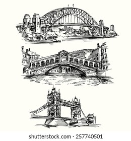 famous bridges - hand drawn set 