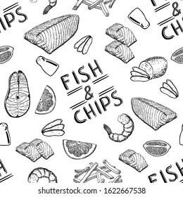 Famous british fast-food - fish and chips. Fish and chips seamless pattern. English fish and chips for fast food snack and takeaway menu. 