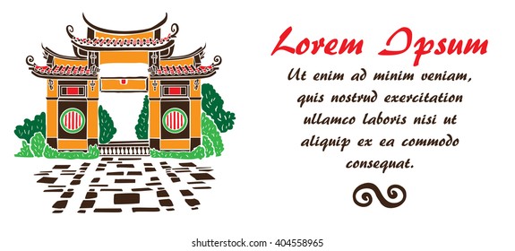Famous buddhist temple shape. Color: brown, red,orange, green. Use this image for unique design of travel tour promotion, post card, invitation, wed, greeting, banner, poster, ticket, flyer, template.