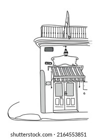 Famous Buenos Aires City Street Corner In The Old Town. Argentina, San Telmo Neighbourhood. Sketch Black Lines Hand Drawn Style Vector Illustration.