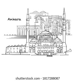 Berühmte Gebäude von Ankara, Turk Komposition. Handgezeichnete schwarz-weiße Vektorgrafik. Gruppierte und bewegliche Objekte.