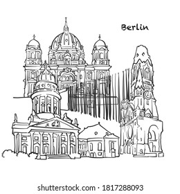 Famous buildings of Berlin, Germany Composition. Hand-drawn black and white vector illustration. Grouped and movable objects.