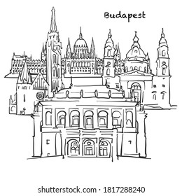 Edificios famosos de Budapest, Hungría Composición. Ilustración de vector blanco y negro dibujada a mano. Objetos agrupados y móviles.