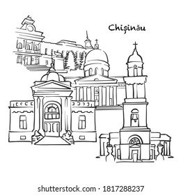 Famous buildings of Chisinau, Moldova Composition. Hand-drawn black and white vector illustration. Grouped and movable objects.