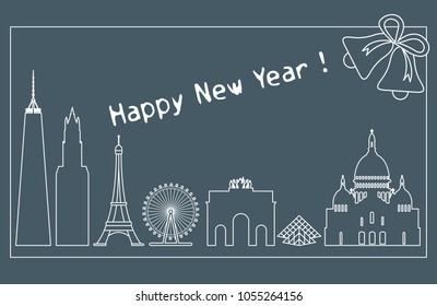 Famous buildings and constructions of different countries. New Year and Christmas greeting card.