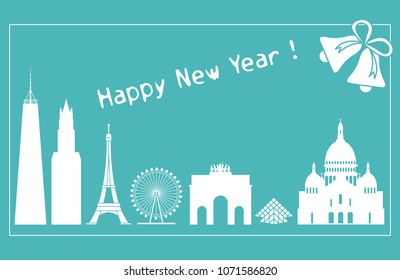 Famous buildings and constructions of different countries. New Year and Christmas greeting card.