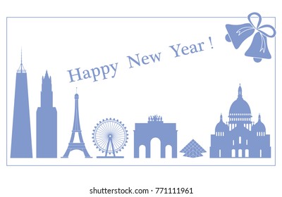 Famous buildings and constructions of different countries. New Year and Christmas greeting card.