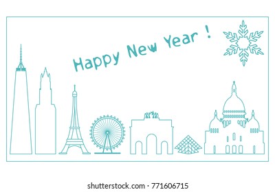 Famous buildings and constructions of different countries. New Year and Christmas greeting card.