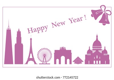 Famous buildings and constructions of different countries. New Year and Christmas greeting card.