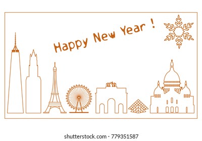 Famous buildings and constructions of different countries. New Year and Christmas greeting card.