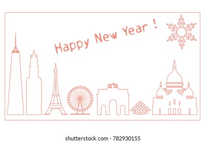 Famous buildings and constructions of different countries. New Year and Christmas greeting card.