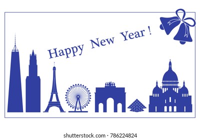 Famous buildings and constructions of different countries. New Year and Christmas greeting card.