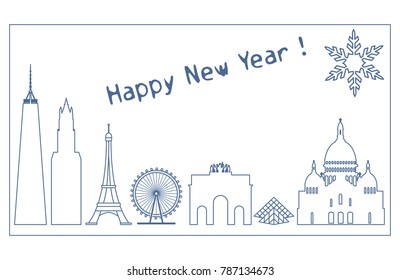 Famous buildings and constructions of different countries. New Year and Christmas greeting card.
