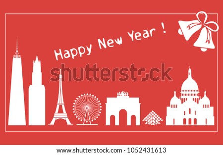 Famous buildings and constructions of different countries. New Year and Christmas greeting card.