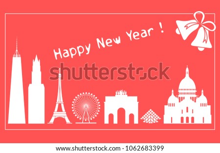Famous buildings and constructions of different countries. New Year and Christmas greeting card.