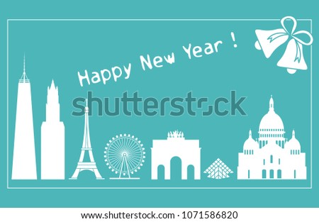Famous buildings and constructions of different countries. New Year and Christmas greeting card.