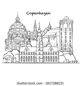 Famous buildings of Copenhagen, Denmark Composition. Hand-drawn black and white vector illustration. Grouped and movable objects.