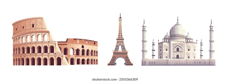 Famous buildings: eiffel tower, coliseum, taj mahal. Hand drawn vector Illustration. 