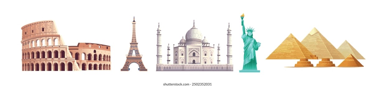 Famous buildings: eiffel tower, coliseum, taj mahal, Statue of Liberty, Egyptian Pyramids on a white background. Hand drawn cartoon vector Illustration. 