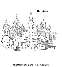Famous buildings of Helsinki, Finland Composition. Hand-drawn black and white vector illustration. Grouped and movable objects.