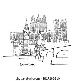 Edificios famosos de Londres, Composición del Reino Unido. Ilustración de vector blanco y negro dibujada a mano. Objetos agrupados y móviles.