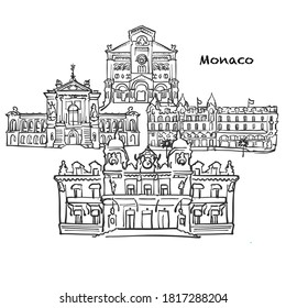 Famous buildings of Monaco, Monaco Composition. Hand-drawn black and white vector illustration. Grouped and movable objects.