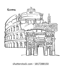 ローマの有名な建物 イタリアの構図 手描きの白黒のベクターイラスト グループ化されたオブジェクトと移動可能なオブジェクト のベクター画像素材 ロイヤリティフリー Shutterstock